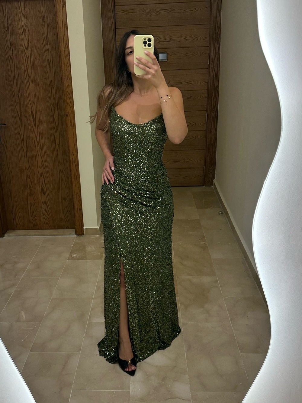 Olive Green Sequin Spaghetti-Strap Evening Gown